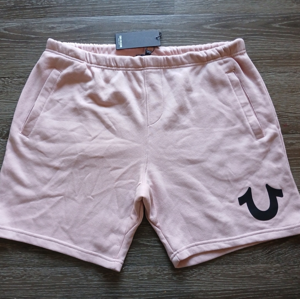 True Religion Pink Athletic Shorts with Black Logo Mens Size XXL NWT Multi Logo
